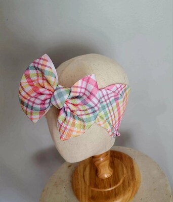 Pastel Check Plaid Knit Hair Bow - Headwrap - Clip - Pigtail Bows - Headband - Peach - Easter - Rainbow - Spring - Birthday - Purple - Mint - image2